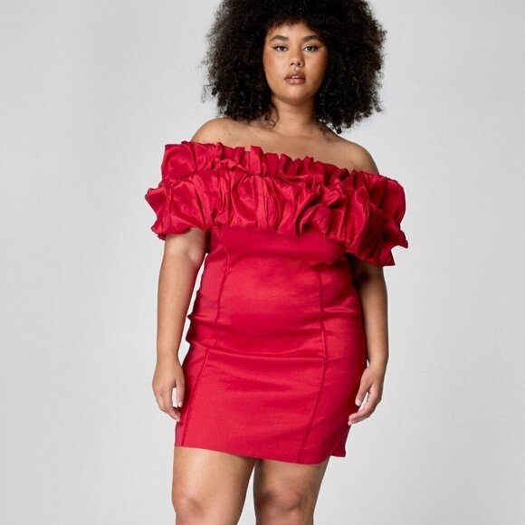 Nasty Gal Taffeta Ruched Bardot Mini Dress, Size 14 XL, New in Bag - Picture 1 of 4